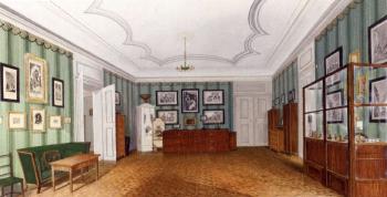 German interior with prints and furnished with cabinets and a small office by 
																	A Zegnard