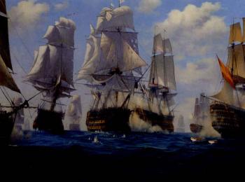 H.M.S Victory breaking through the enemy lines at Trafalgar, 21 October 1805 by 
																	Brian J Jones