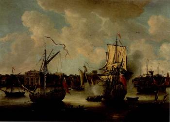 Flagship arriving in the Thames off Greenwich Hospital by 
																	Isaac Sailmaker
