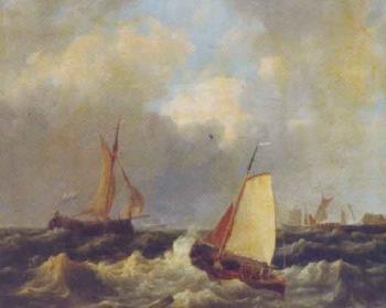 Sailing on choppy waters by a coast by 
																	Hendrik Jacob Elzer