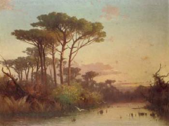 Buffalo watering on the Roman Campagna. Waterway at dusk by 
																			H Cuszkovski