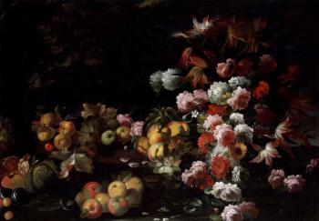 Fruit and flowers on ledge by 
																	Aniello Ascione