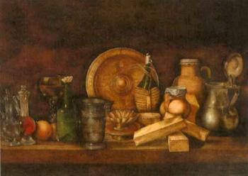 Carafes, goblet and jugs on a table with oranges, a brass plate and cartons by 
																	Paul Karslake