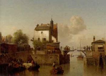 Canal with figures embarking on fishing boats and others on the loch by 
																	Karl Adloff
