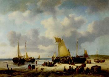 Daily activities on a sunlit beach by 
																	George Willem Opdenhoff