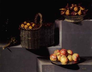 Still life with crystal vase, artichoke, basket of cherries and apricots and plate of apples by 
																	Juan van der Hamen y Leon