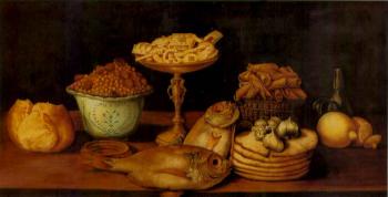 Still life of bread, nuts in a bowl, pastries fish, garlic on a table by 
																	Paul Karslake