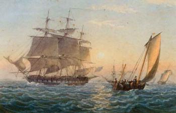 Royal Naval frigate heaving to upon her arrival at Spithead by 
																	Thomas Bladen Capel