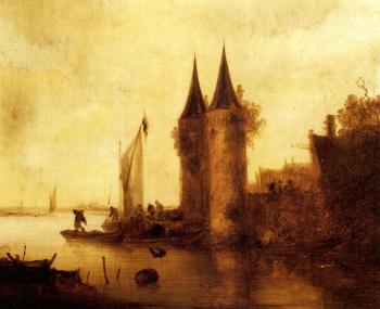 River estuary with sailing boat by a fortified town by 
																	Maerten Fransz van der Hulft
