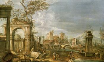 Architectural capriccio with peasants among ruins. Architectural capriccio with peasants by river by 
																			Andrea Urbani