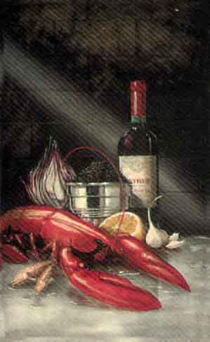 Lobster, onion, caviar and a bottle of Petrus by 
																	Paul Karslake