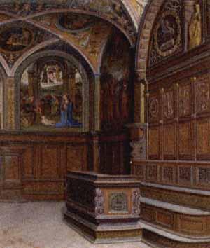 Frescoes in a gothic church interior by 
																	Quirina Alippi Fabretti