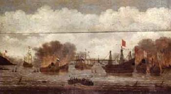 Naval battle between Dutch and English vessels by 
																	 Camphuysen