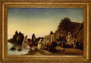 Offering of poultry - figures by river, Algeria by 
																	Geskel Saloman