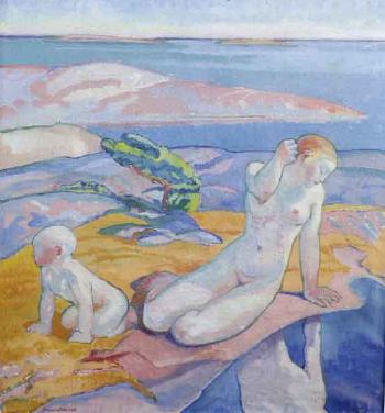 Mother and child on cliffs by the sea by 
																	Yrjo Ollila