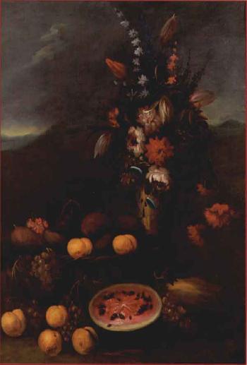 Flowers and fruit in landscape by 
																			Eugenio Lucas Velazquez