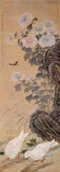 Doves, peony and butterfly by 
																	 Zhou Yigui