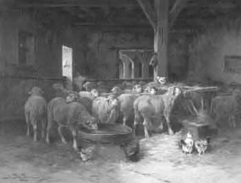 Barn interior with sheep and chickens by 
																	Jules G Bahieu