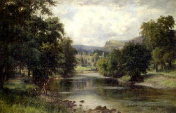 Bolton Abbey, two anglers beside the river Wharfe by 
																	George Cammidge