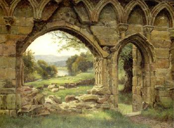 Ruins of Bolton Abbey with sheep grazing by 
																	George Cammidge