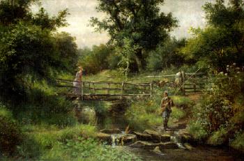 River landscape with a gentleman fishing in the foreground, lady on bridge by 
																	George Cammidge