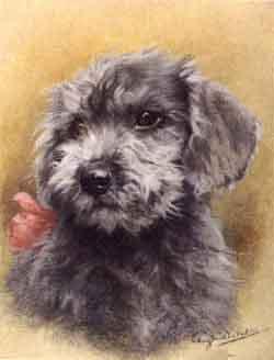 Study of a terrier with a red ribbon decorating its collar by 
																	Eugenie M Valter
