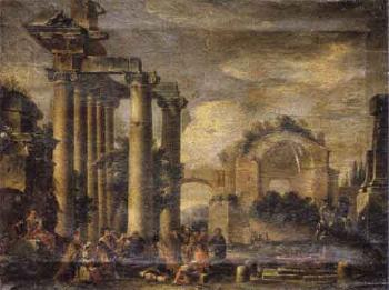 Miracle scene in landscape with classical ruins by 
																	 VEnEto-Emilian School