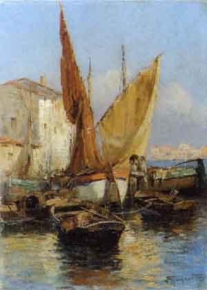 Little harbour with boats by 
																	Ercole Magrotti
