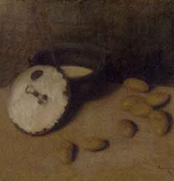 A still life with a pan and potatoes. Portrait of a woman by 
																	Lieven Walschap