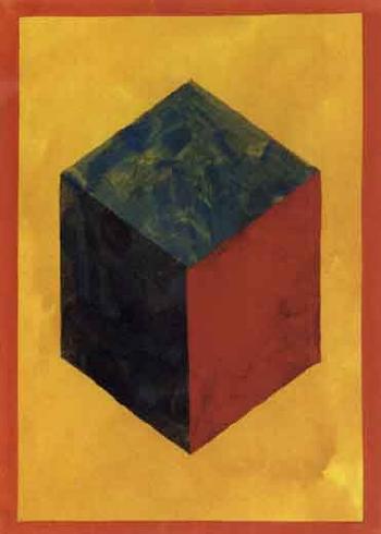 Cube in three colours on yellow ground by 
																	Sol LeWitt