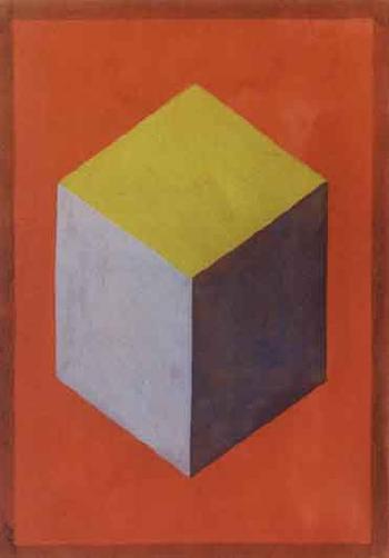 Cube in three colours on red ground by 
																	Sol LeWitt