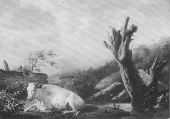Study of cow by blasted tree in stormy landscape by 
																	Adolphe Charles Maximilien Engel