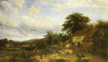 Figures with dog before cottage in extensive landscape by 
																	Henry Jutsum