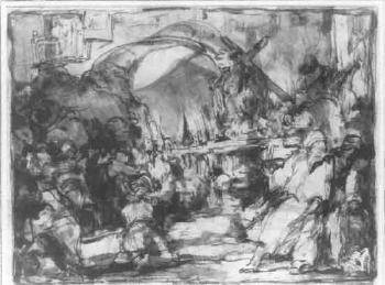 Study of figures gathered before Crucifix in landscape by 
																	Ascensio Julia