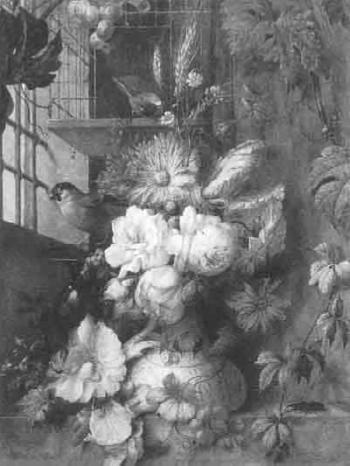 Still life of flowers in vase, birds and beetle by 
																	Anton Elias Umpfenbach