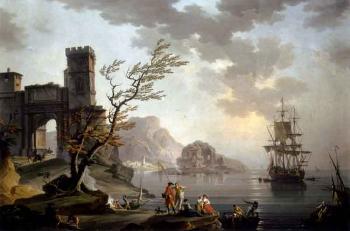 Morning: Mediterranean coast with fisherfolk, fortified arch, classical ruin by 
																			Charles Francois Grenier de Lacroix de Marseille
