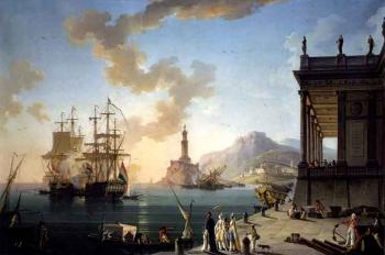 Morning: Mediterranean coast with fisherfolk, fortified arch, classical ruin by 
																			Charles Francois Grenier de Lacroix de Marseille