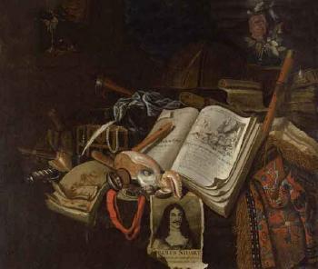 Vanitas still life, books,scrolls, etching of King Charles II, instruments by 
																	Barend van Eysen