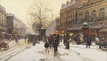 Paris, hiver, neige, Boulevard Bonne Nouvelle, au Theatre du Gymnase by 
																			Eugene Galien-Laloue