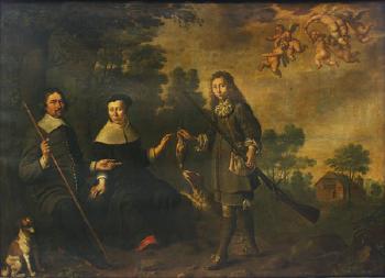 Portrait d'une famille de chasseur sur fond de paysage by 
																			Jan van Nieuwael