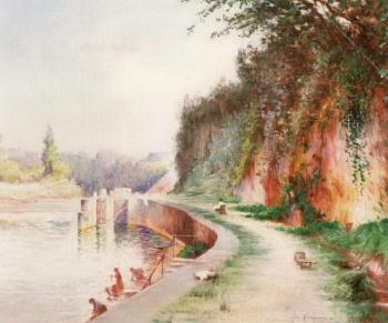 Summer landscape with washerwomen by canal in sunshine by 
																	Andre Crochepierre