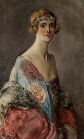 Portrait of lady wearing flowery dress by 
																	Federico de Madrazo de Ochoa