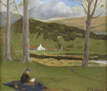 Landscape with woman sitting beneath trees by 
																	Sean O'Duilaing