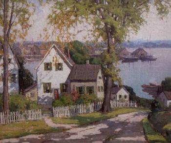 New England town with harbour in the background by 
																			Camillo Adriani