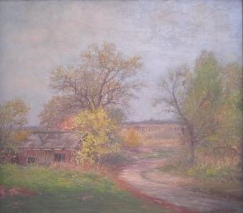 Landscape with a dirt track running past an overgrown shed by 
																			Edward Hamer