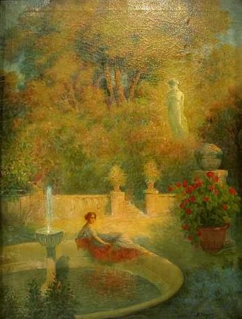 Garden scene with woman seated by a fountain by 
																	Maurice Ashkinazy