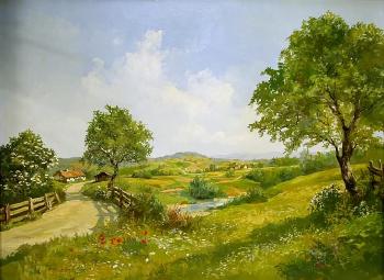 Spring meadow with country lane and cottage by 
																	Eric Reinhold Karger