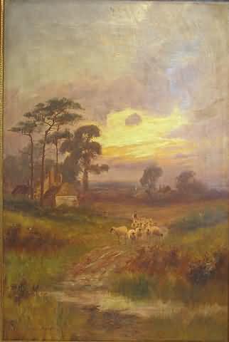 Pastoral sunset with shepherd and flock by 
																	Walter Norfolk