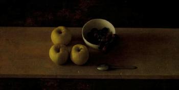Still life with spoon, grapes and apples by 
																	Gustavo Isoe