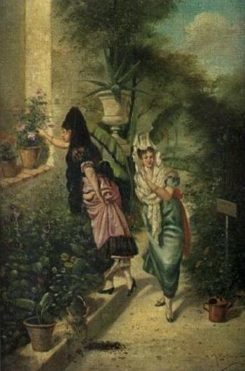Ladies with shawls in the garden by 
																	Adolfo del Aguila y Pimentel